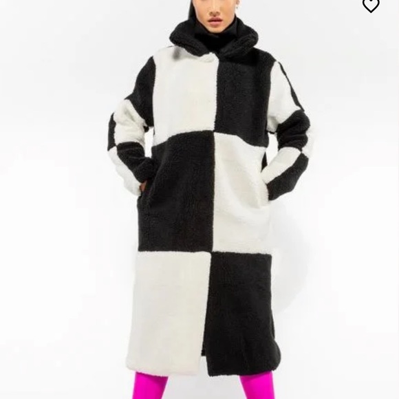 New Azalea Wang check it, black and white long teddy trench coat, size medium - Picture 10 of 11